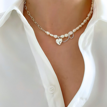Collar de Plata 925 con perlas y un colgante de corazón - Tunica