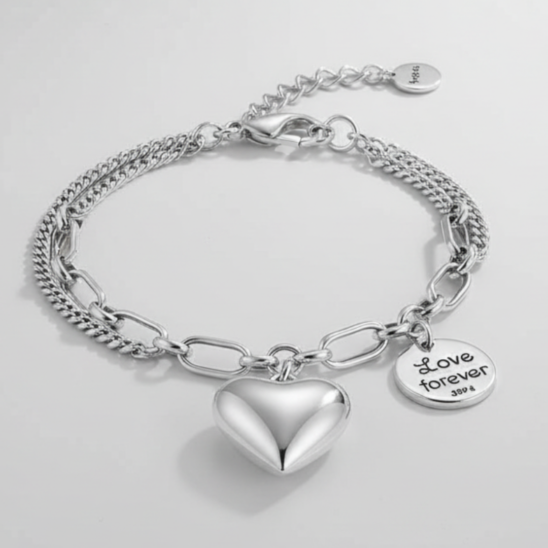 Pulsera de Plata 925 con doble cadena y colgante de corazón - Love forever