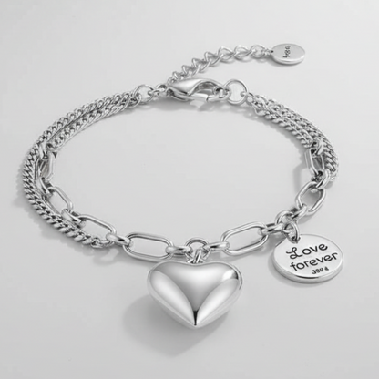 Pulsera de Plata 925 con doble cadena y colgante de corazón - Love forever
