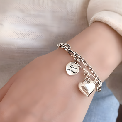 Pulsera de Plata 925 con doble cadena y colgante de corazón - Love forever