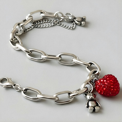 Pulsera de Plata 925 con colgante de oso y circonita de fresa roja - Fresa