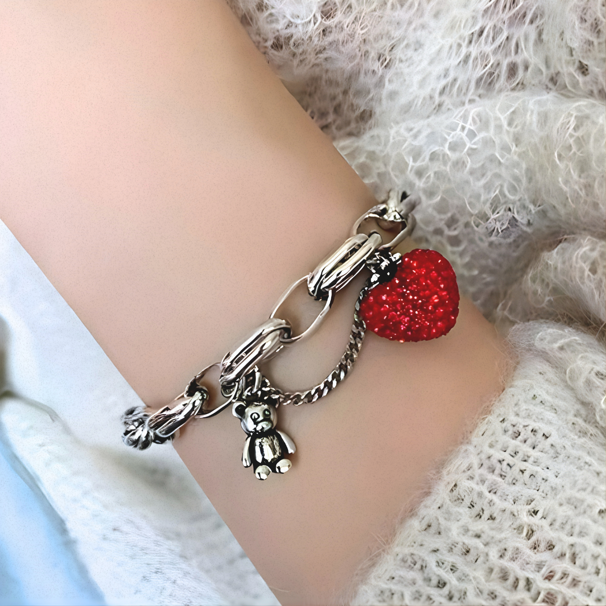 Pulsera de Plata 925 con colgante de oso y circonita de fresa roja - Fresa