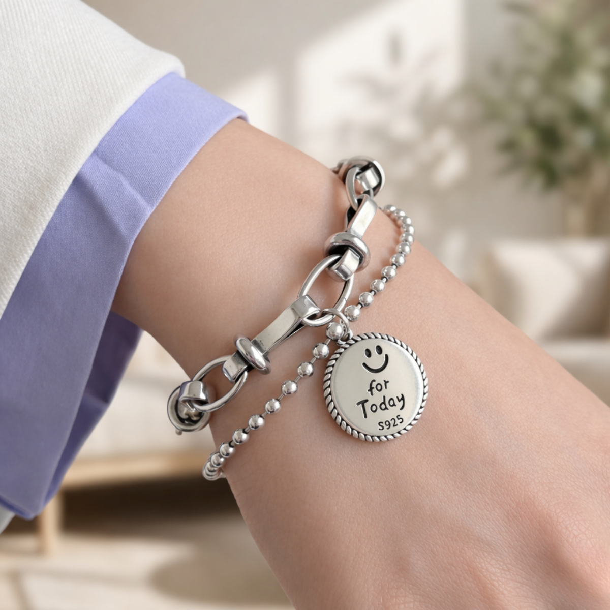 Pulsera de Plata 925 con doble cadena y colgante - Medalla