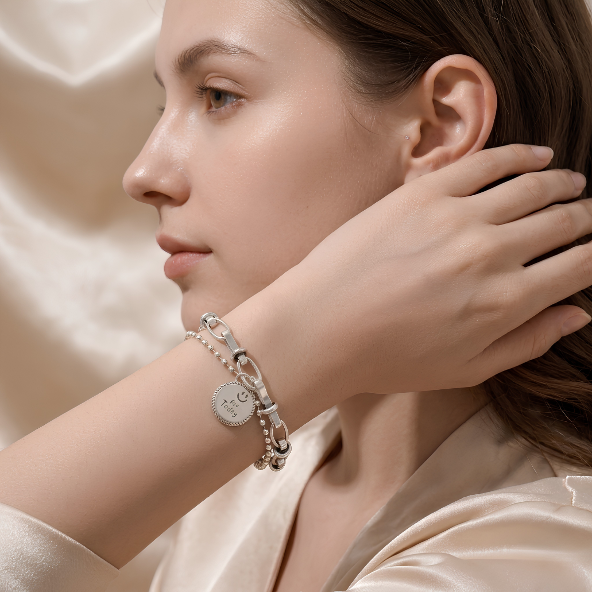 Pulsera de Plata 925 con doble cadena y colgante - Medalla