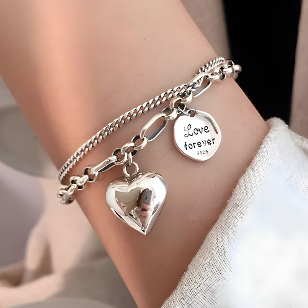 Pulsera de Plata 925 con doble cadena y colgante de corazón - Love forever
