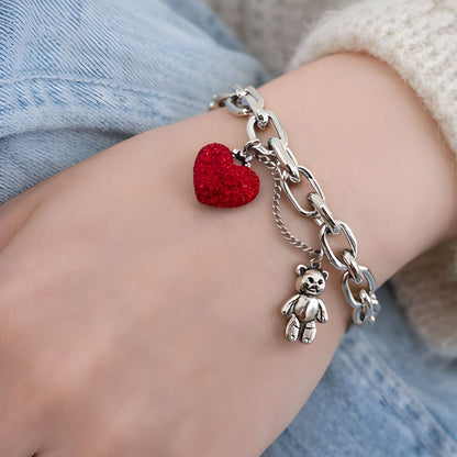 Pulsera de Plata 925 con colgante de oso y circonita de fresa roja - Fresa
