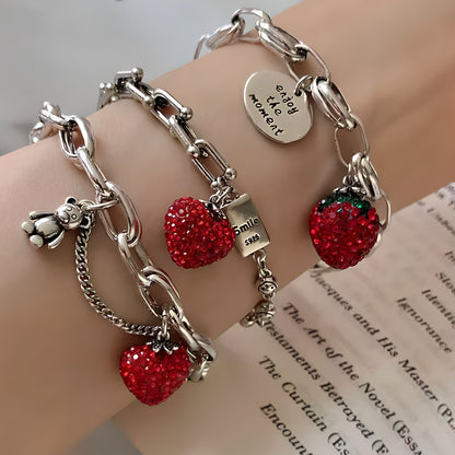 Pulsera de Plata 925 con colgante de oso y circonita de fresa roja - Fresa