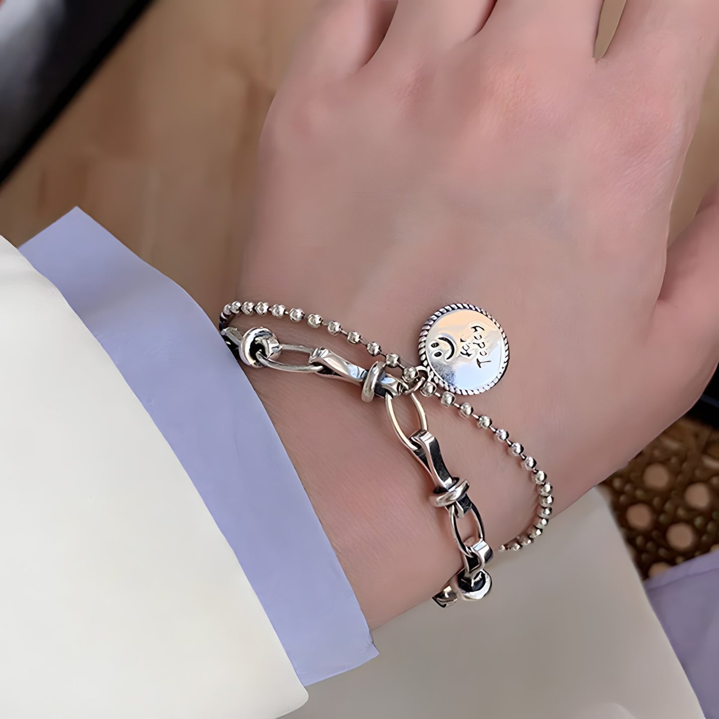 Pulsera de Plata 925 con doble cadena y colgante - Medalla
