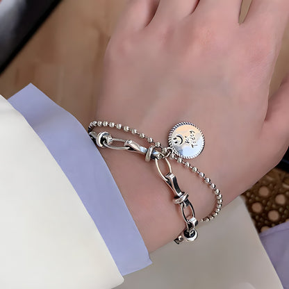 Pulsera de Plata 925 con doble cadena y colgante - Medalla